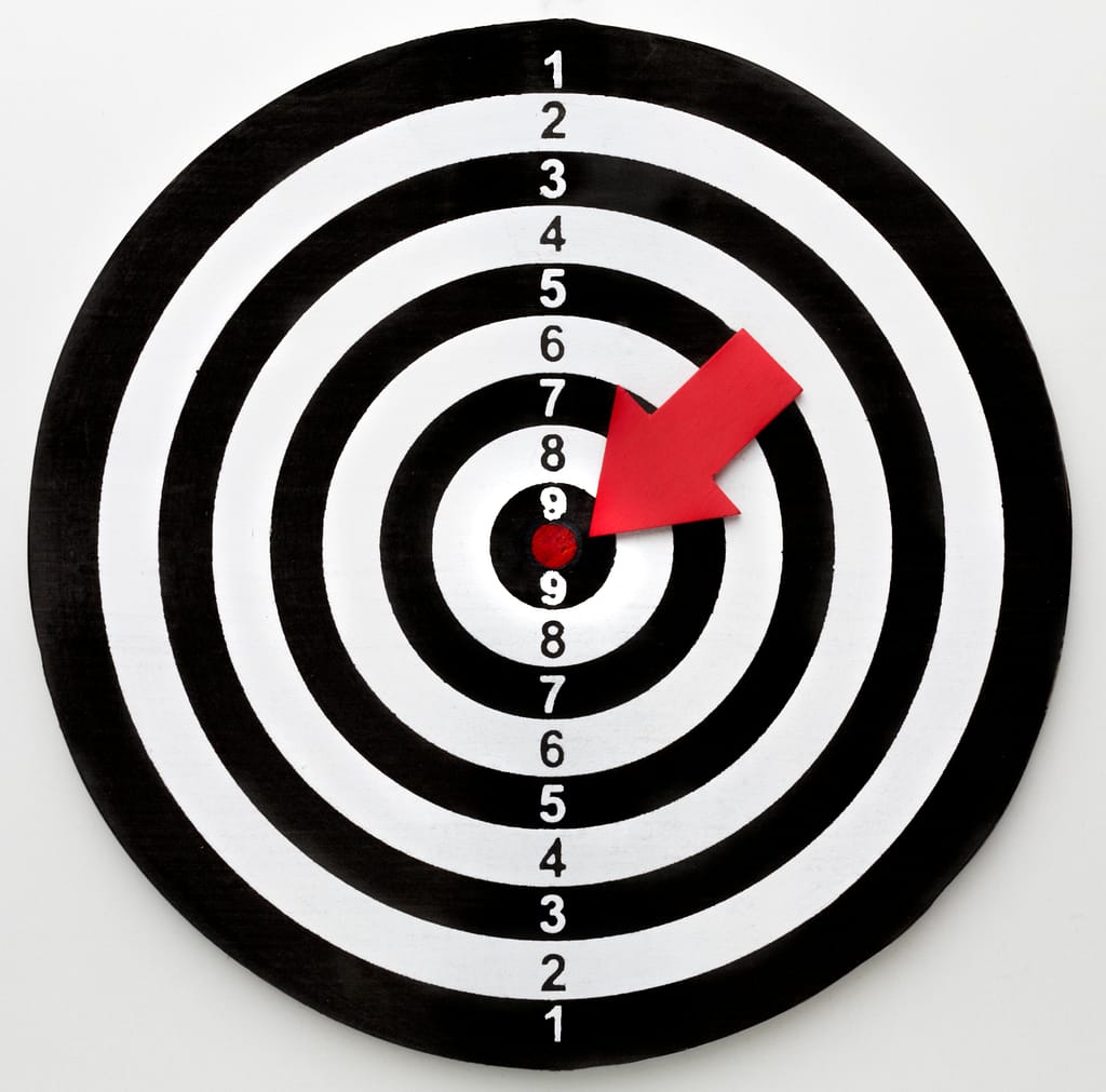 Black and white target with a red arrow pointing at the bullseye. Title: Hitting the Bullseye
