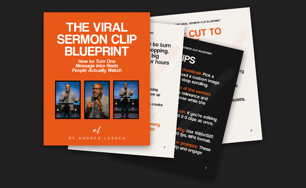 Cover mockup of “The Viral Sermon Clip Blueprint” by Andrea LeShea, featuring sermon clip strategies for church teams.